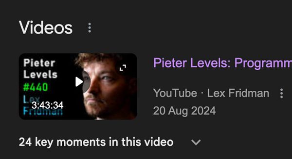 The image displays a YouTube video thumbnail featuring Pieter Levels on the Lex Fridman podcast.