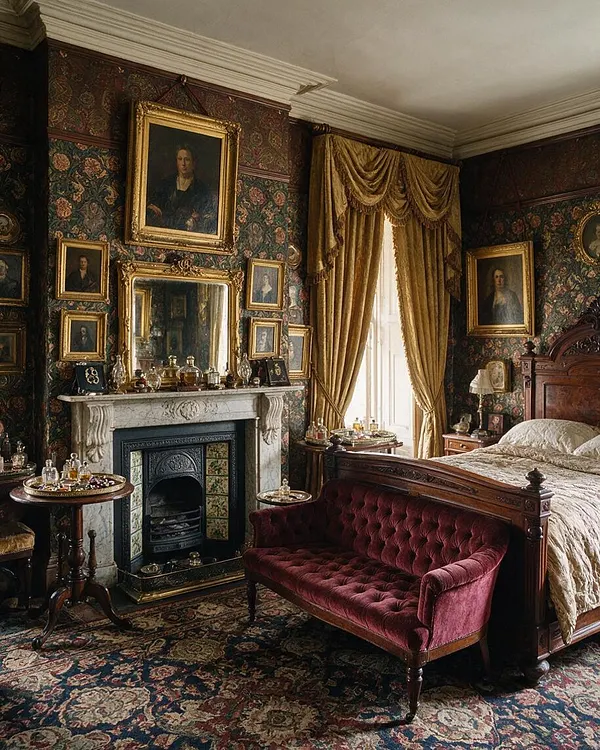 A richly decorated Victorian master bedroom with dark floral wallpaper, ornate framed portraits, and a marble fireplace. The room includes a carved wooden bed, gold drapery, a burgundy velvet settee, and a patterned oriental-style rug, creating a dramatic and historic atmosphere.