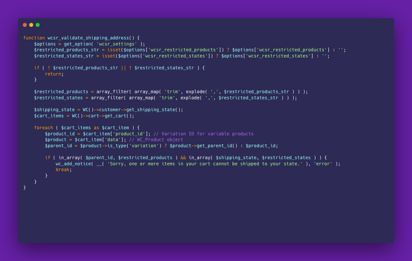 A code snippet for a WooCommerce shipping validation function.