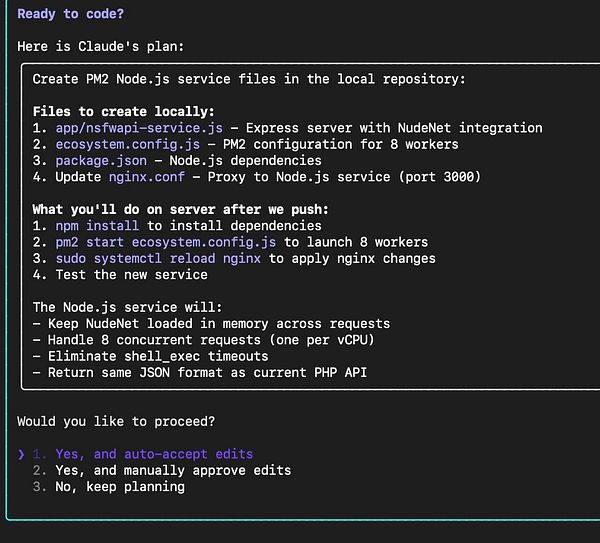 The image displays a terminal interface with a detailed plan for transitioning a service from PHP to Node.js using PM2.
