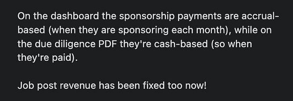 Screenshot of a Due Diligence dashboard showing sponsorship data with two columns: Cost Based and Accrual Based, displaying monetary values.
