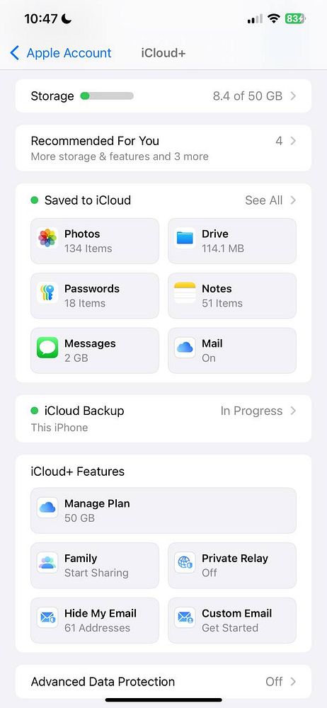 The image displays the iCloud+ storage management interface on an Apple device.
