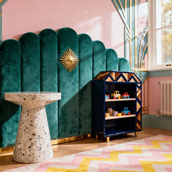 A kids’ room with a tall scalloped emerald velvet wall panel accented by a brass sunburst and base trim, next to a navy toy cabinet with geometric wood inlay and small brass feet. A white terrazzo pedestal table stands in front, with blush pink walls featuring teal and gold Art Deco motifs, a large window, light herringbone wood flooring, and a pastel pink, white, and yellow chevron rug. Toy cars sit on the open shelves, lit by natural daylight.