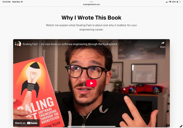 A person discusses their book 'Scaling Fast' in a video pitch on a landing page.