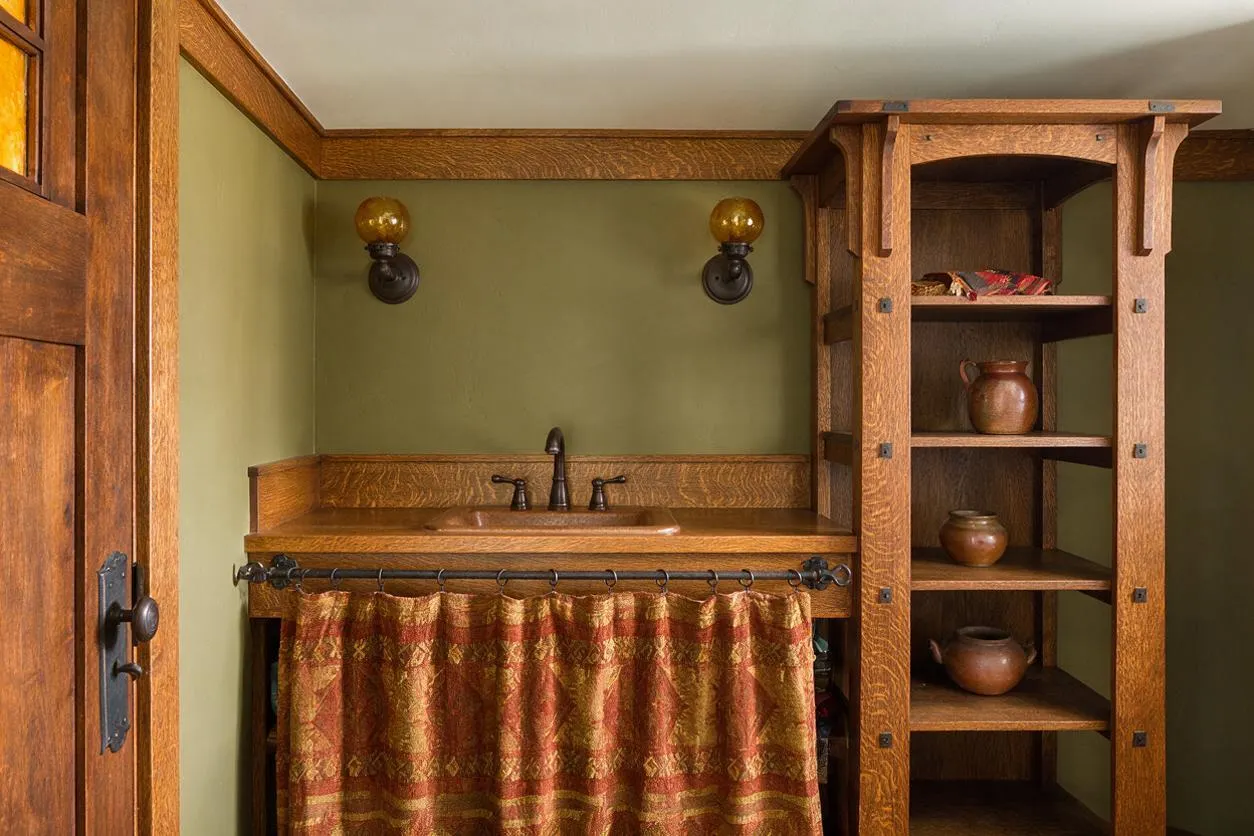 A Craftsman-style laundry room with olive green walls, rich wood trim, and a built-in wood sink counter. A dark faucet sits above a patterned fabric curtain that hides the lower cabinet area, while a tall open shelving unit on the right displays small pottery pieces. Two amber-glass wall sconces add warm light.