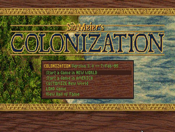 The image displays the main menu of the game Sid Meier's Colonization.