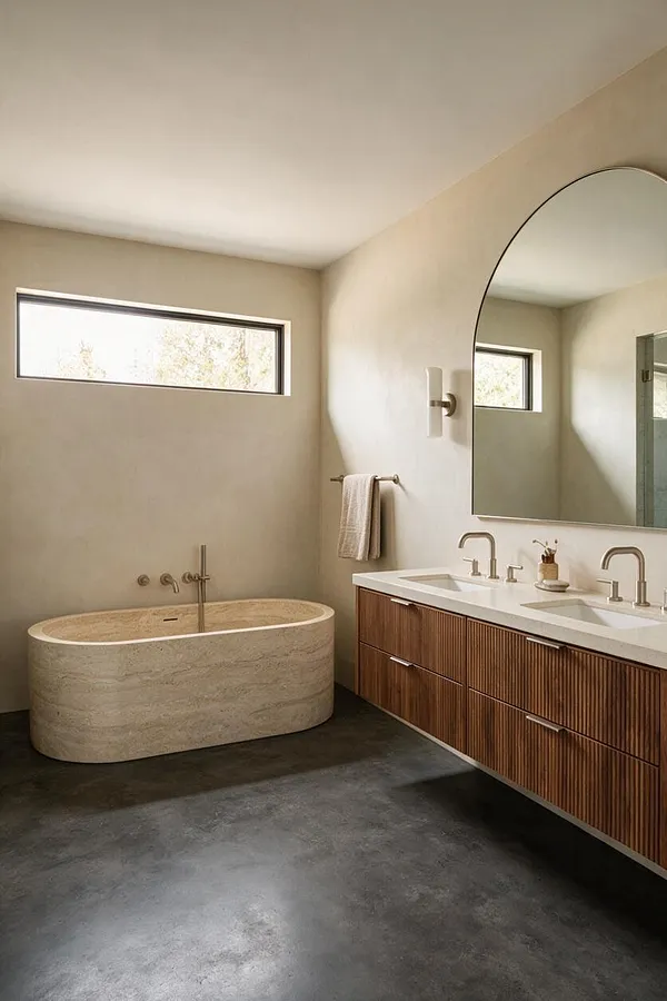 A modern master bathroom with a freestanding oval stone tub on the left, a long wood vanity with dual sinks on the right, and a large arched mirror above it. The room has beige walls, a narrow horizontal window, a dark polished concrete floor, and soft natural light.