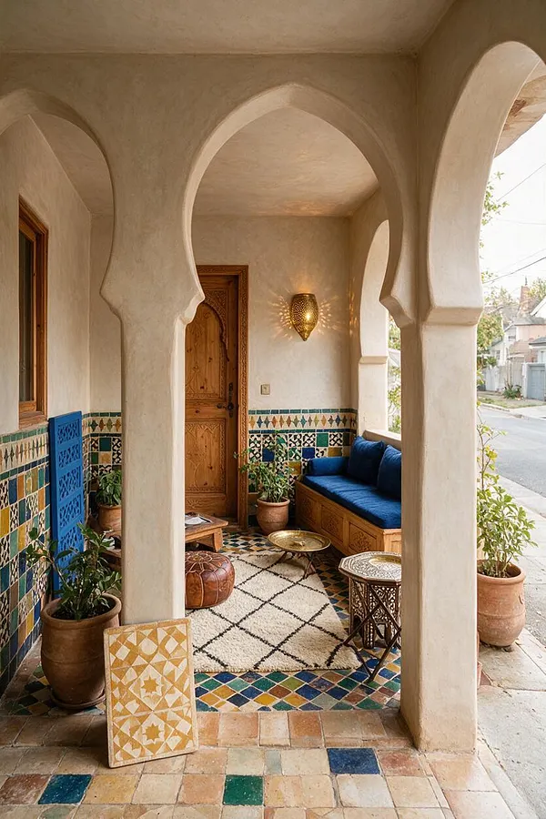 A Moroccan-style front porch with cream stucco arches, colorful mosaic tile wainscoting, and a carved wooden door. A deep blue cushioned bench, terracotta potted plants, patterned poufs, and brass accent tables create a layered, welcoming seating area.