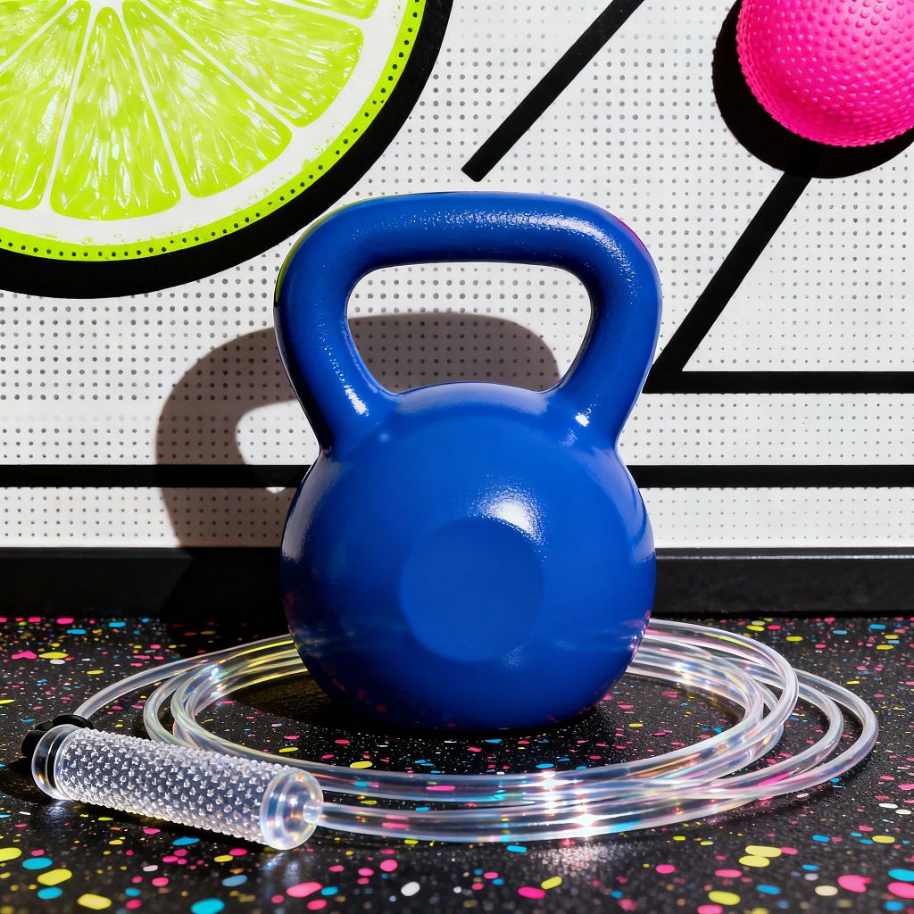 On a black rubber floor flecked with neon confetti, a glossy electric-blue kettlebell sits beside a coiled clear PVC jump rope with a textured translucent handle. Behind it, a white wall printed with tiny black halftone dots and bold diagonal lines features an oversized lime-green citrus slice, while a hot pink textured ball protrudes to the right, all lit by strong directional light that casts crisp shadows and highlights the playful Pop Art feel.