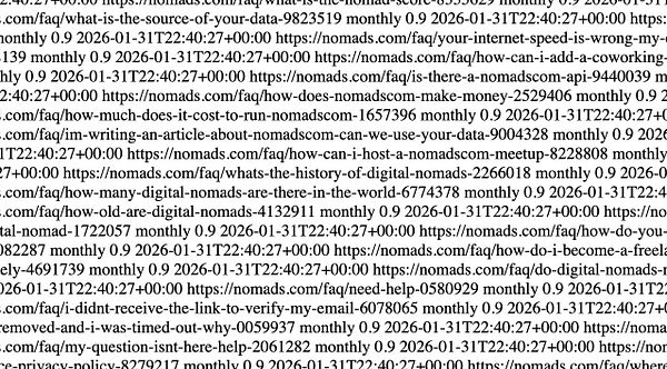 Screenshot of an XML sitemap with URL entries for a website named Nomads, including a highlighted <url> block for the FAQ page.