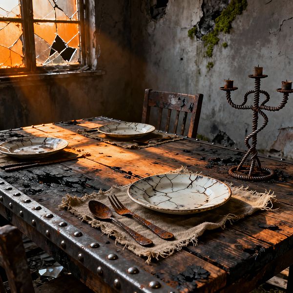 A moody dining scene with warm sunlight streaming through a broken diamond-pane window onto a charred wooden table banded with rivets. Crackle-glazed ceramic plates sit on frayed burlap placemats beside rusted flatware, and a twisted wrought-iron candelabra stands at one corner. A distressed chair and crumbling plaster walls with patches of green moss emphasize the weathered, post-apocalyptic character of the room.