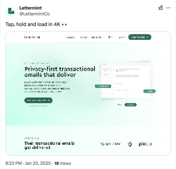 A tweet showcasing a blurred screenshot of the Lettermint website.