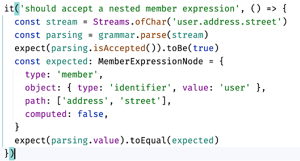 The image displays a code snippet for testing a nested member expression parser in JavaScript.