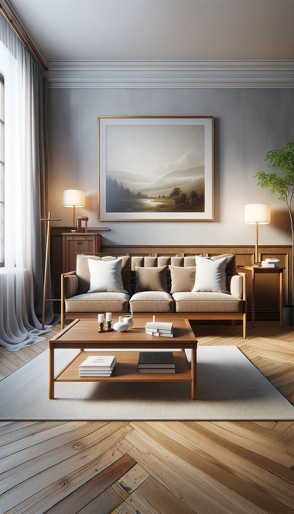 a cozy living room featuring Biedermeier-style furniture, including a wooden sofa with simple lines and a polished finish, accompanied by a minimalist coffee table