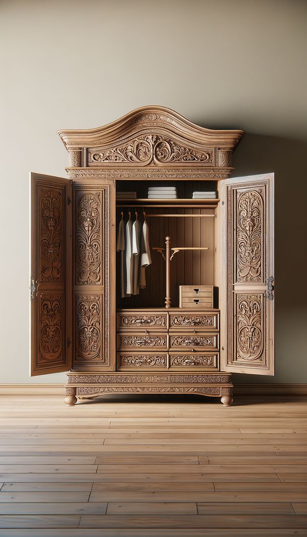 An intricately carved wooden armoire, doors open to reveal neatly organized shelves and a clothes rod, placed against a neutral-colored wall in a well-lit room.