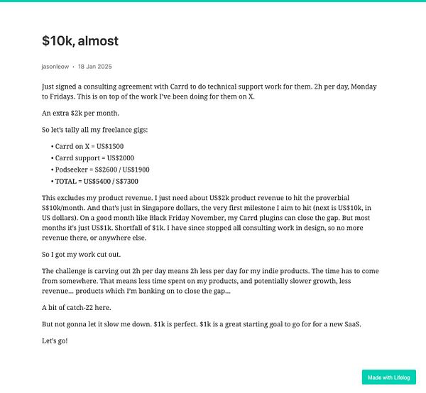 A detailed financial update on freelance work and revenue goals.