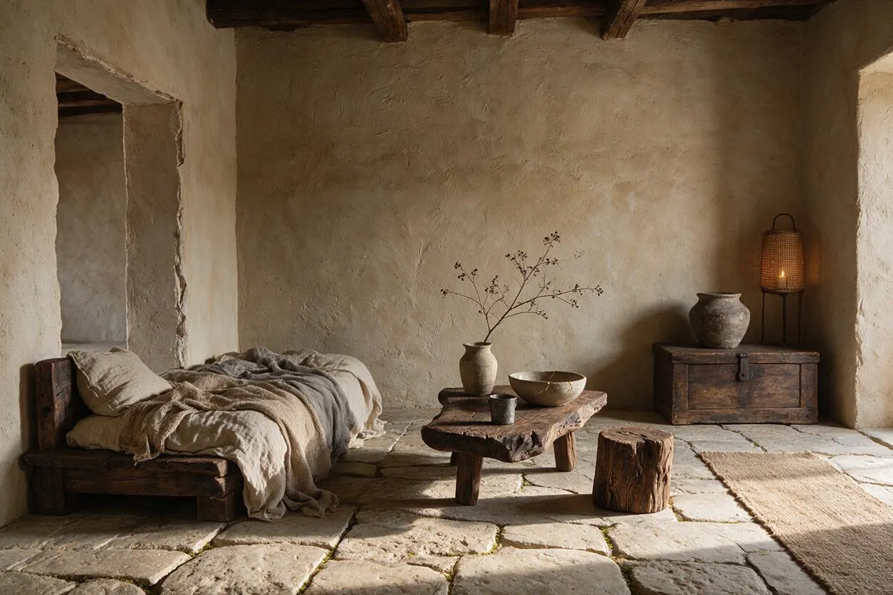 A serene rustic room with rough plaster walls, exposed dark wood ceiling beams, and a stone floor. Low wooden furniture, neutral textiles, ceramic vessels, and a woven lamp create an earthy Wabi-Sabi atmosphere.