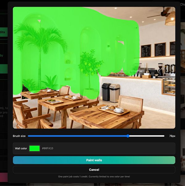 A digital interface displaying a virtual painting tool applied to a café interior.