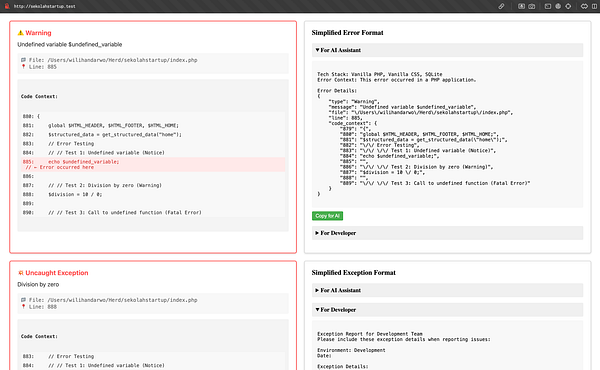 The image displays a beautified error message interface for PHP development, showcasing warnings and exceptions with structured code context.