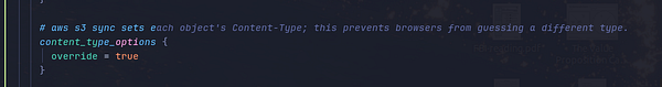 Code snippet showing AWS S3 sync content type override configuration in a code editor.