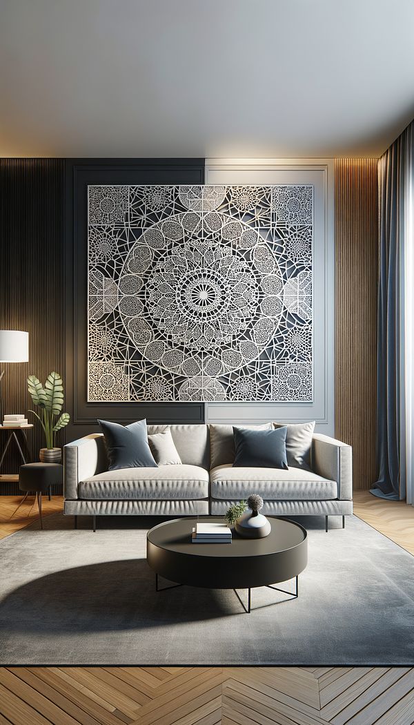 A modern living room featuring a large decorative overlay on the accent wall, incorporating a laser-cut geometric pattern over a contrasting background.