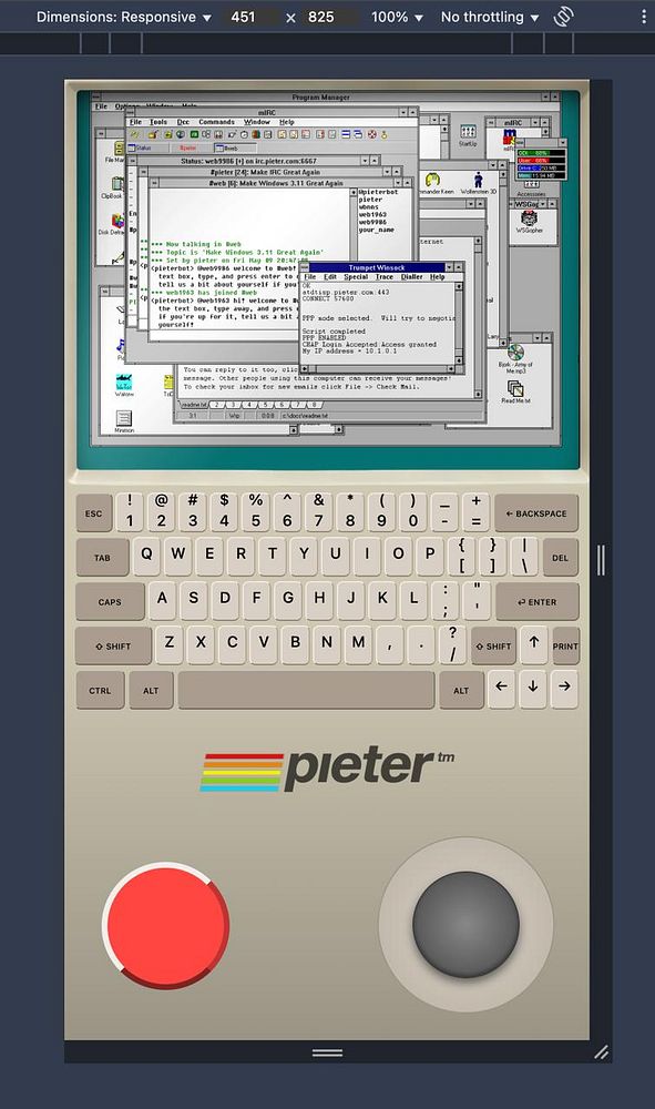 The image features a retro-style mobile interface resembling an old computer with a keyboard and various open windows.