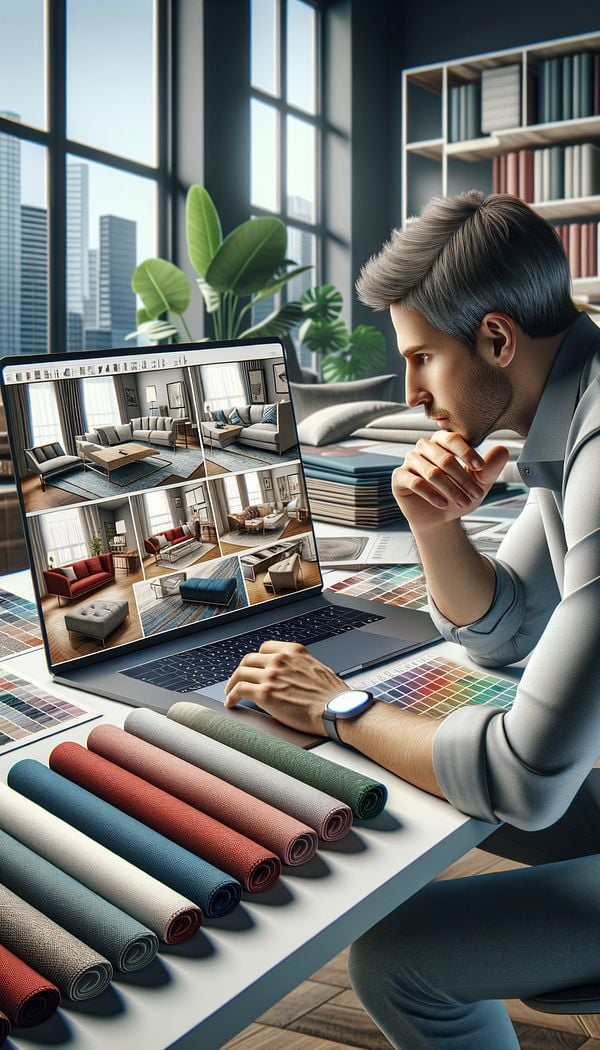 An interior designer browsing through fabric swatches and furniture catalogs on a desk, with a laptop open to a digital showroom.