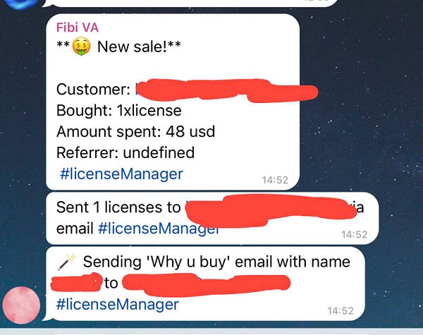 A chat interface displays a notification about a new sale and subsequent actions taken.