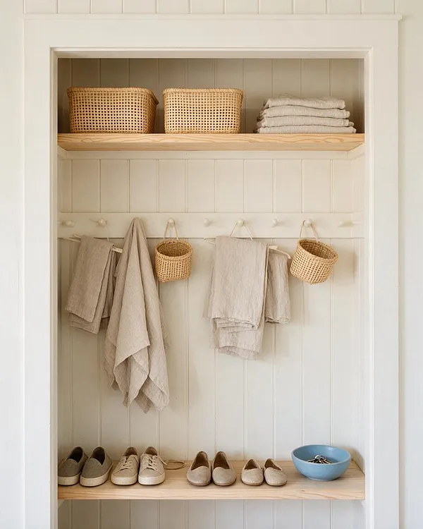 A built-in closet styled in a soft coastal palette with white paneled walls, light wood shelves, and woven basket storage. Neutral linen garments hang neatly from hooks, shoes are lined along the bottom shelf, and a pale blue bowl adds a subtle ocean-inspired accent.
