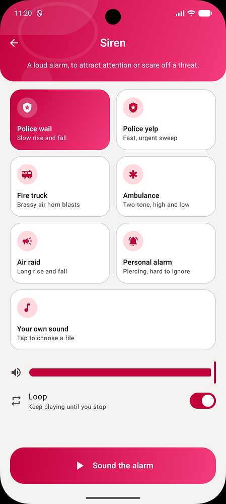 Mobile app screen for selecting and playing different siren sounds as an alarm.