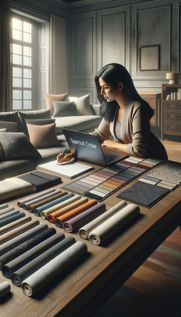 An interior designer reviewing fabric swatches and furniture designs on a table, with a laptop open to a special order form.