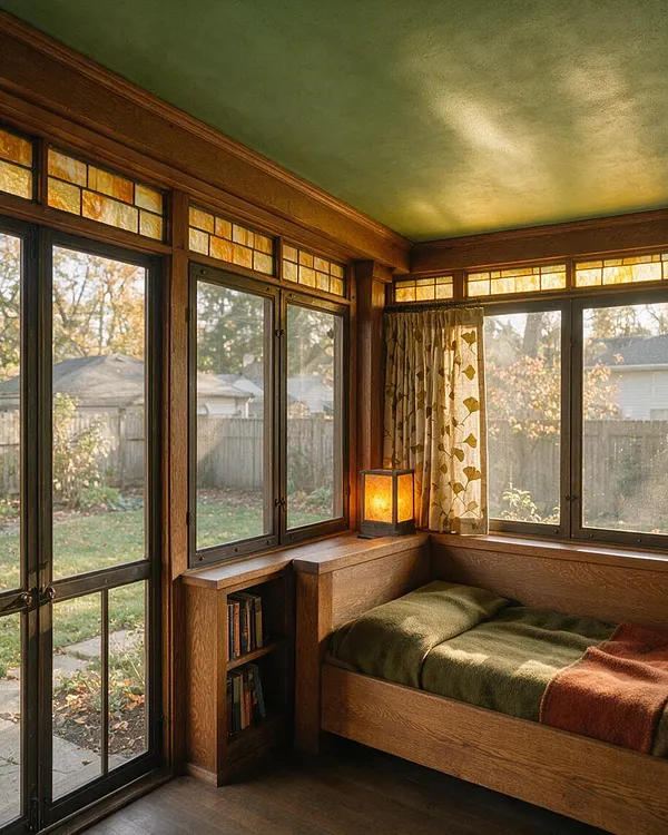 A Craftsman-style backyard room with warm wood trim, stained glass transom windows, and large black-framed glass doors opening to a fenced yard. A built-in wood daybed with green bedding sits beside a small glowing lamp and floral curtains, creating a cozy, sunlit retreat.