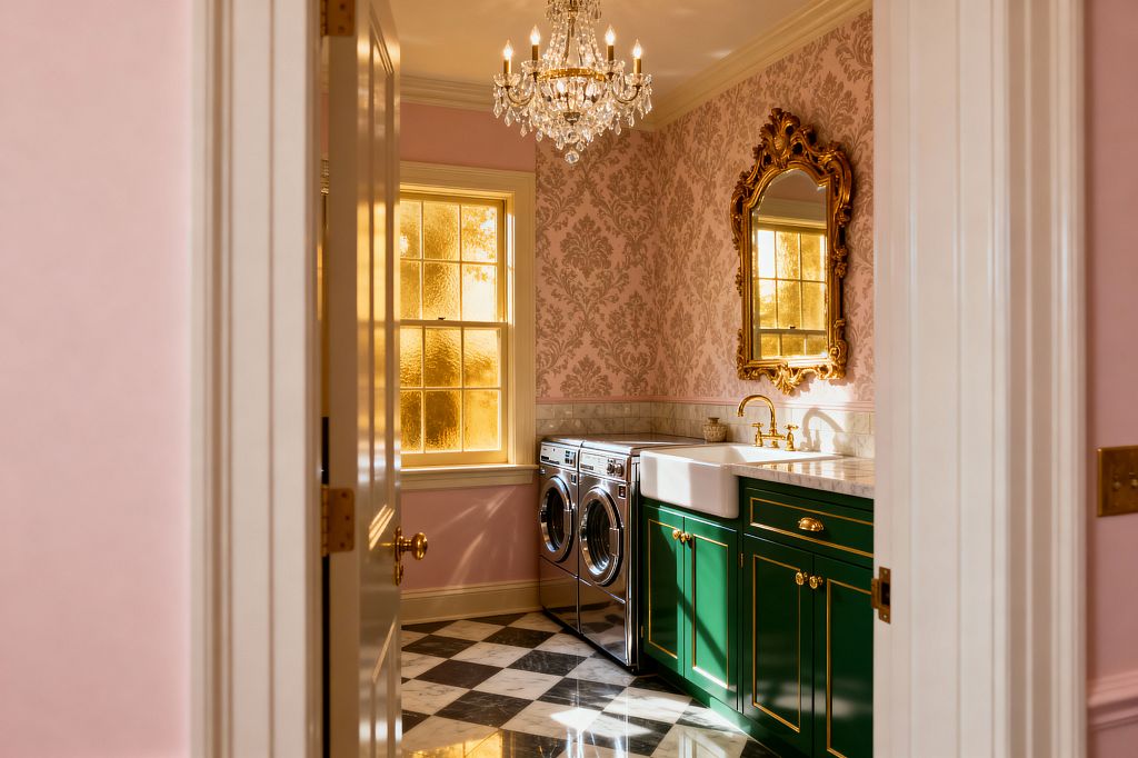 Through a doorway, a Vintage Glam laundry room features blush pink damask wallpaper, a crystal chandelier, and an ornate gold-framed mirror above a white apron-front sink. Emerald green cabinetry with brass hardware and a marble countertop sit beside stainless-steel front-loading washer and dryer, while black-and-white checkerboard marble flooring and a textured amber-glass window bathe the space in warm light.