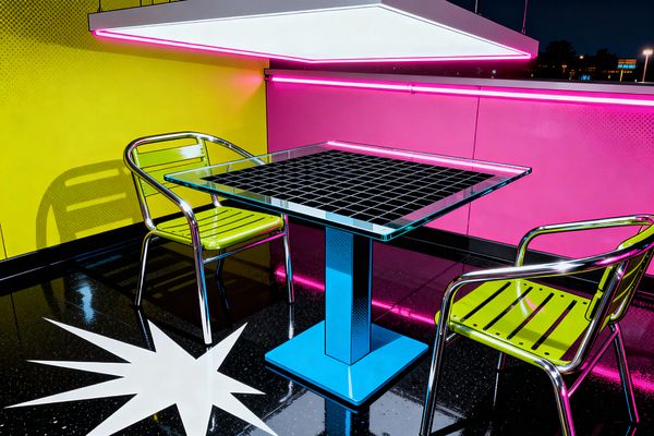 A Pop Art dining corner with a square glass table featuring a black grid underlay on a bright blue pedestal, flanked by two chrome-framed chairs with lime slatted seats. Neon-pink LED lighting highlights a hot-pink wall and contrasts a halftone yellow wall, while a glossy black speckled floor with a white starburst inlay reflects a white geometric pendant edged in pink for a playful, high-contrast setting.