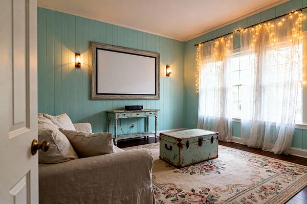 A shabby chic media room with soft aqua wood-paneled walls features a wall-mounted screen in a weathered frame, flanked by antique brass sconces. A beige linen slipcovered sofa faces a distressed mint trunk as a coffee table atop a cream floral rug, with a matching chippy console beneath the screen, dark hardwood floors, and large windows dressed in sheer lace curtains draped with warm string lights.