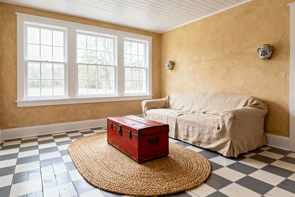 A farmhouse living room with three large multi-pane windows and white trim flooding the space with daylight. Warm ochre plaster walls and a white beadboard ceiling frame a black-and-ivory painted checkerboard wood floor, topped by an oval braided jute rug; a relaxed beige linen slipcovered sofa lines the wall, a distressed barn-red wooden trunk with dark metal hardware serves as a coffee table, and two blue-and-white ceramic wall pots add simple decoration.