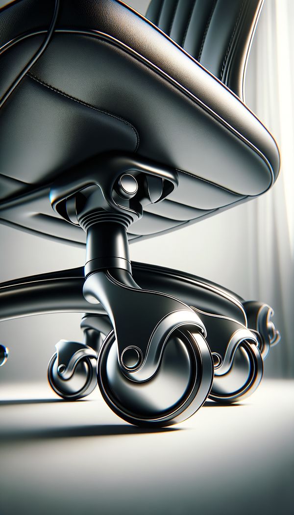 A set of four sleek modern casters attached to the bottom of a stylish office chair, showcasing their design and the effortless mobility they provide.