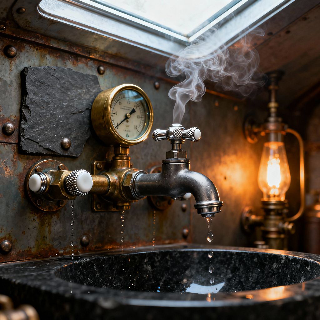 Close-up of a steampunk bathroom vanity featuring a black polished stone basin beneath a dripping metal faucet with cross-handle taps and white ceramic caps. A brass pressure gauge and exposed, riveted, patinated steel wall sit behind the tap, with a glowing Edison bulb lamp and skylight above; faint steam rises from a valve, highlighting the warm amber light against dark, weathered metal textures.