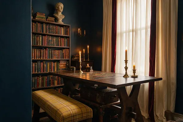 A moody Dark Academia game room with a tall bookcase filled with vintage books, a classical bust on top, and a dark wooden game table beside a large window with sheer curtains and burgundy drapes. Candleholders, a plaid upholstered bench, and stacked leather suitcases add an old-world scholarly atmosphere.