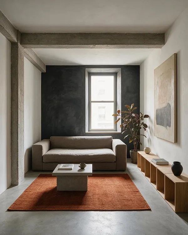 A compact studio apartment living area with exposed concrete beams, a dark charcoal accent wall, and a centered window behind a low taupe sofa. The space includes a rust-colored rug, a concrete coffee table, a wooden cubby shelf along the right wall, a potted plant, and neutral abstract wall art, creating a calm Brutalist look softened by warm textures.