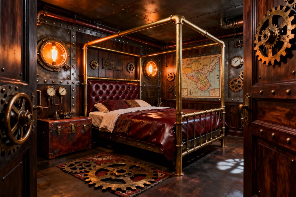 A richly detailed steampunk bedroom centers on a brass pipe canopy bed with an oxblood tufted leather headboard and matching leather bedding. Dark walnut paneling and riveted steel walls frame porthole sconces with Edison bulbs, exposed copper piping, and mounted gears. A vintage trunk nightstand with gauges and valves sits beside the bed, while a map print and gear-patterned rug complete the scene, all lit in a warm amber glow.