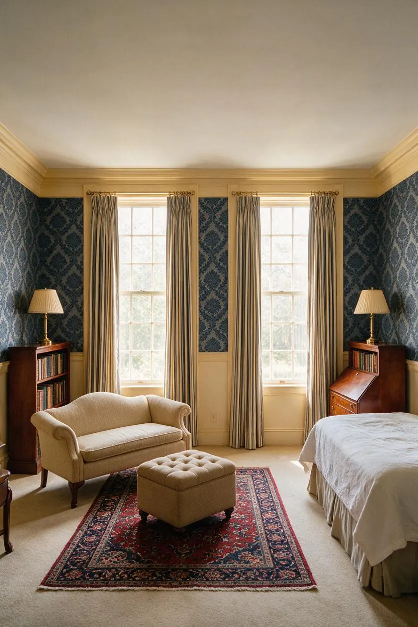 A traditional studio apartment with dark blue damask wallpaper, cream crown molding, and two tall windows dressed in striped curtains. The room includes a cream loveseat, a tufted ottoman on a red Persian-style rug, wooden bookshelves with brass lamps, and a bed tucked along the right side.