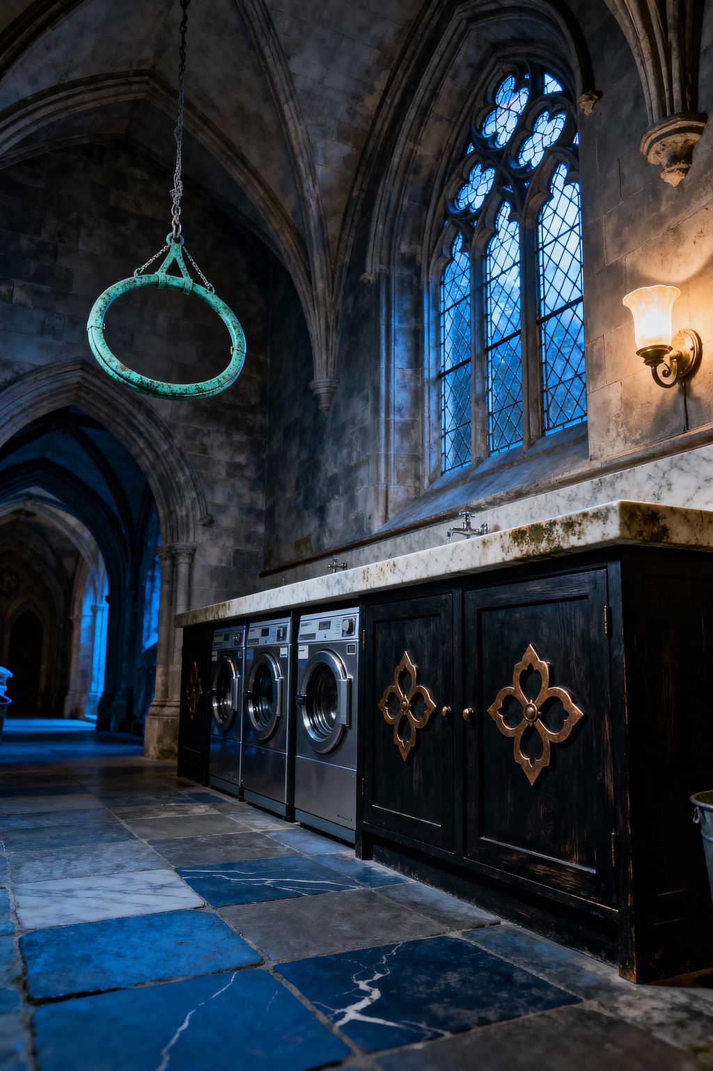 An atmospheric laundry room set inside a Gothic stone hall with pointed arches and ribbed vaults. Three stainless-steel washing machines are built into black cabinets with brass quatrefoil ornaments beneath a thick, weathered marble countertop with integrated taps. A tall leaded-glass tracery window washes the space in cool blue light, while a wall sconce adds warmth. The floor is slate and marble, and an oxidized green ring hangs from chains overhead.