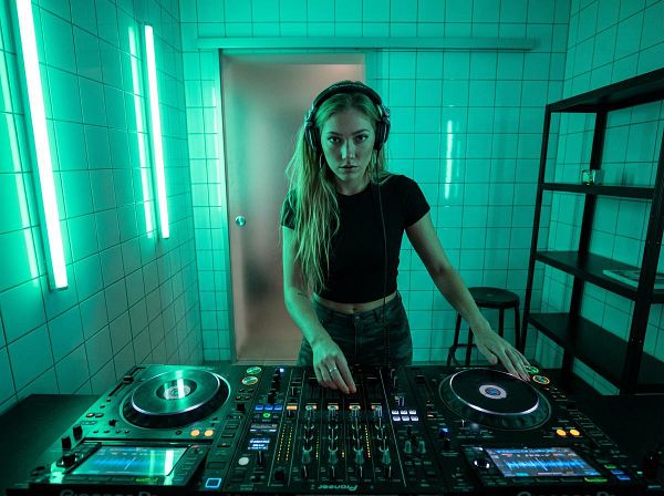 A female DJ is performing in a dimly lit room with green neon lights.