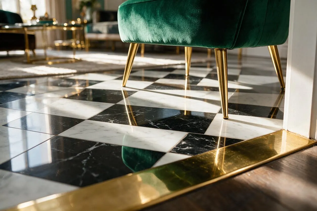 A close-up view of a black-and-white checkerboard marble floor with glossy veining, bordered by a polished brass threshold. Above it sits a deep emerald green velvet chair with tapered gold legs, creating a luxe Hollywood Regency look.