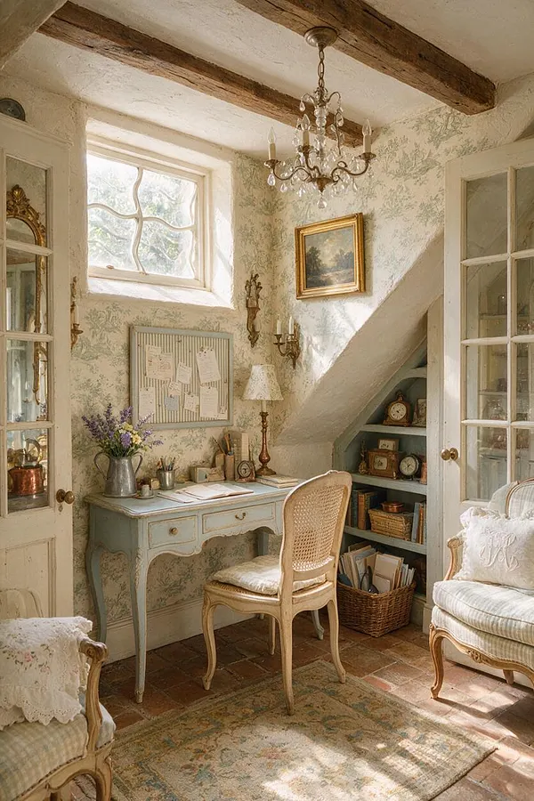 A cozy French Country basement office with exposed wood ceiling beams, floral wallpaper, and a vintage blue desk beneath a small leaded window. A chandelier, framed art, built-in shelving, and upholstered chairs create an elegant, lived-in atmosphere.