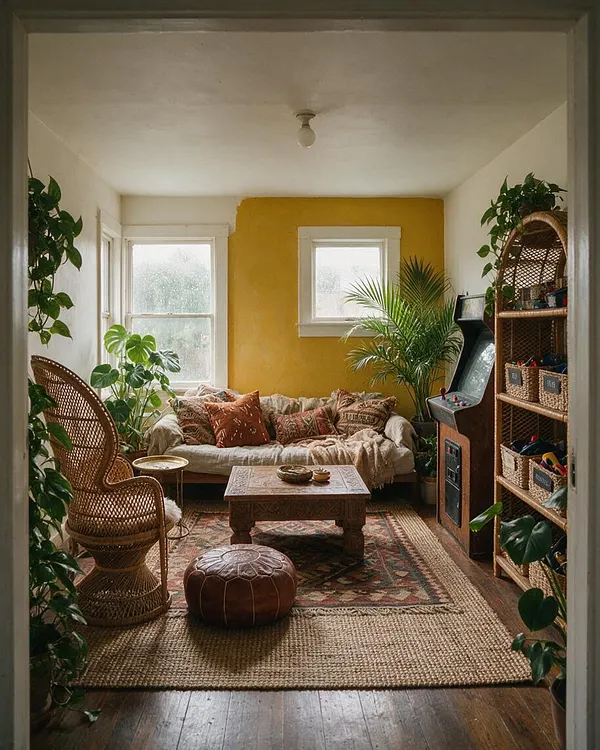 A cozy bohemian game room with a mustard yellow accent wall, a low cushioned sofa layered with patterned pillows, and abundant green plants around the room. Rattan seating, a woven rug, a carved wood coffee table, and a vintage arcade cabinet create a relaxed, eclectic entertainment space.
