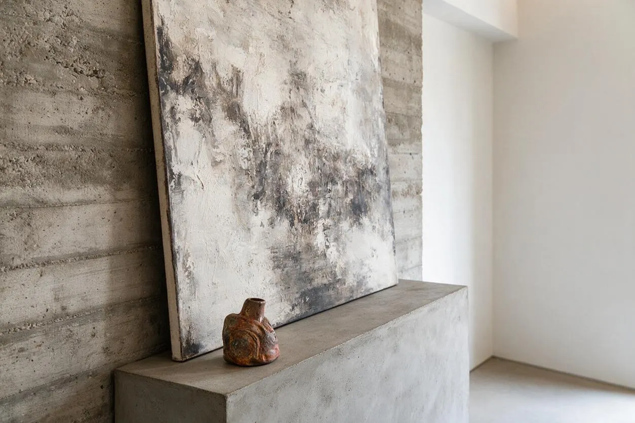 A minimalist Brutalist interior vignette with a textured concrete wall and matching concrete pedestal. A large abstract monochrome painting leans against the wall, and a small rustic ceramic vessel sits in front of it. Soft natural light enters from the right, highlighting the raw surfaces and neutral palette.