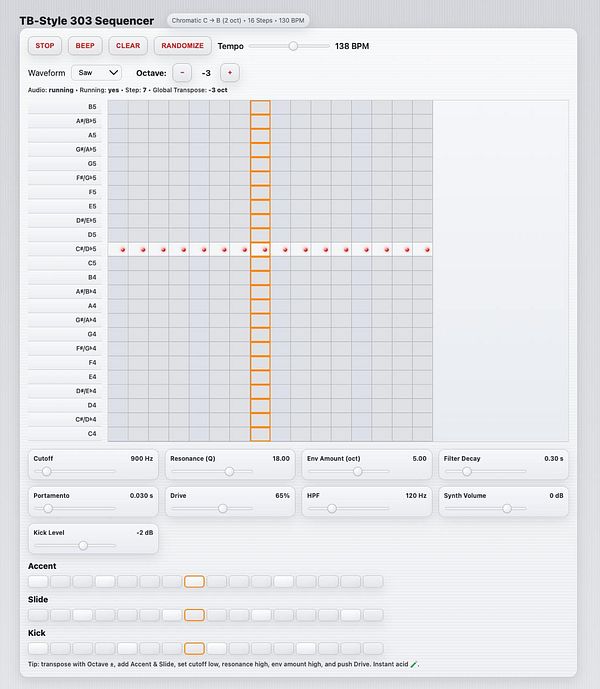 The image displays a digital sequencer interface for a TB-Style 303 synthesizer.