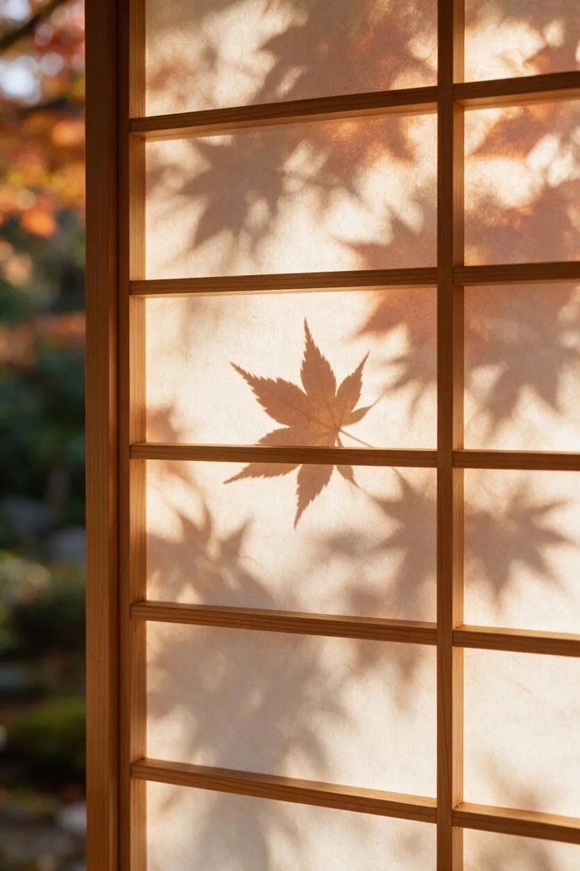 A Japanese-style shoji screen with warm wooden lattice frames and translucent paper panels. Soft sunlight casts the shadow of a maple leaf and surrounding foliage across the surface, creating a calm autumn mood.